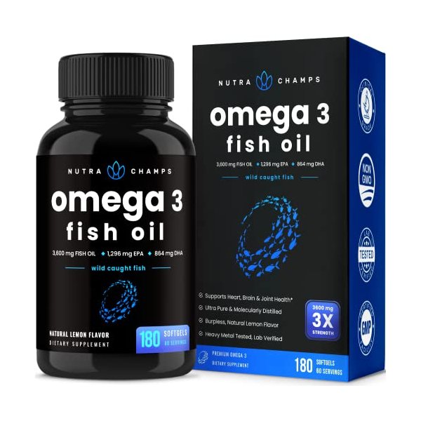 Omega 3 Fish Oil Supplements 3600mg with EPA & DHA | High Potency Omega 3 Supplement to Support Heart, Brain, Joints, Skin, Eyes & Immune Health | 180 Natural Lemon Burpless Fish Oil Capsules