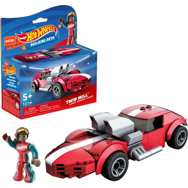Mega Hot Wheels Twin Mill racecar building set with 101 pieces with micro figure driver figure, toy gift set for ages 5 and up