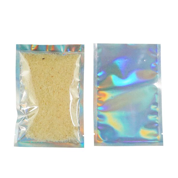 QQ Studio Bulk Holographic Heat Seal Bags, Rainbow Foil Spa Supply Sample Pouches, Heat Seal Iridescent Baggies, Open Top Bags for Lip Gloss and Nails (5.5 Inch x 7.9 Inch, x200 Clear Holographic)