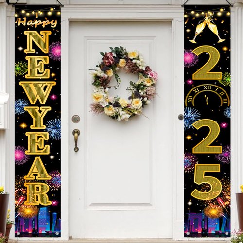New Years Decorations, Happy New Year Banner 2025, New Years Eve Party Supplies, Happy New Year Backdrop, New Years Eve Banners for Front Porch Sign Door Banner, Gold NYE Party Supplies Decor 2025