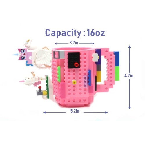 F-32 Unicorn Build-on Brick Mug w/ 5 Packs of Building Blocks,Compatible with Lego,14 Oz Novelty DIY Unique Funny Coffee Cup Gift (Unicorn Pink)