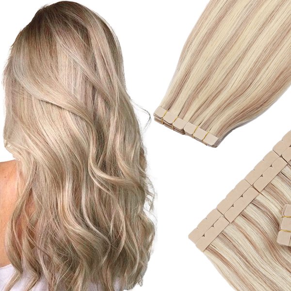 Benehair Tape in Hair Extensions Human Hair Balayage Ash Blonde Highlighted Bleach Blonde 20pcs 40g/pack Straight Hair Extensions Tape in Seamless Skin Weft Tape in Natural Hair(14", 18P613)