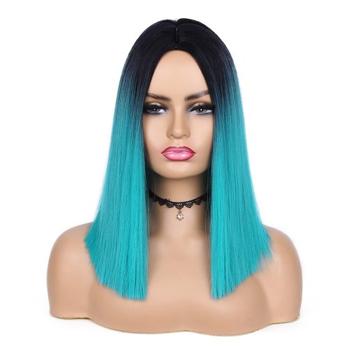 HANNE Ombre Black to Teal Blue Wig Short Straight Hair Blue Bob Wigs for Women Bluish Green Wig Shoulder Length Navy Wig for Daily or Party Hair Replacement Wig (Teal Blue Wig)