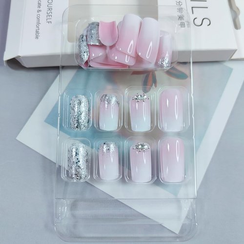 24 Pcs Press on Nails Square Medium Fake Nails White Gradient Acrylic False Nails with Exquisite Rhinestones Designs Silver Glitter Sequins Artificial Nails Full Cover Glue on Nails for Women Girls