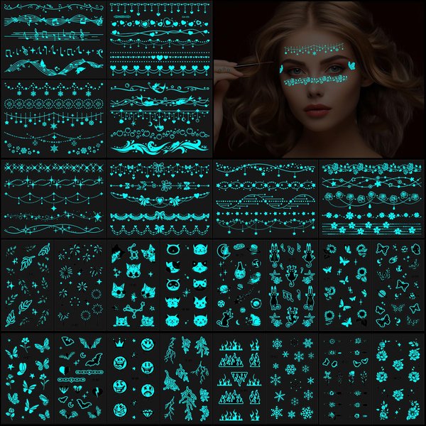 Konsait 24 Sheets Glow in the Dark Tattoos Face Tattoos for Women Girls Temporary Tattoos for Women Glow Tattoos Mermaids Butterfly Tattoos Blue Tattoos for Kids Luminous Body Make Up Fake Tattoo