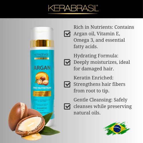 Kerabrasil Argan Oil Nourishing Shampoo 300ml - Rich in Vitamins & Essential Fatty Acids, Revitalizes Hair, Adds Shine and Softness, Keratin-Enriched for Stronger Hair