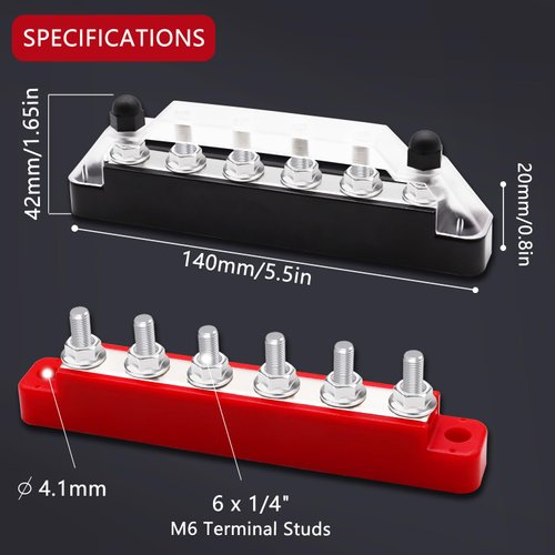Aienxn 12V Bus Bar Marine 6 x 1/4" (M6) Terminal Studs 12V Power Distribution Block with Cover and Ring Terminals,300V AC 48V DC Positive&Negative Battery Bus Bar for Car and Boat (Black+Red) Q-O-078