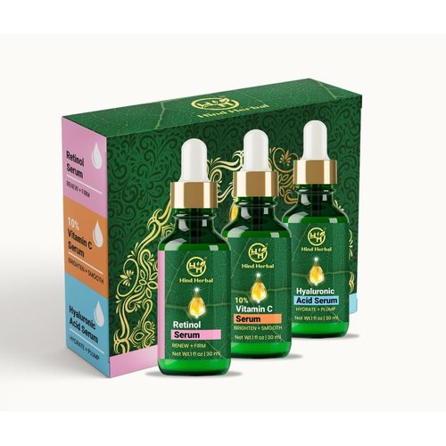 Hind Herbal Vitamin C Hyaluronic Acid Retinol Serum Set of 3 (1 Fl Oz each) Brightening, Face Firming, Hydrating Skincare Routine Kit - Anti Wrinkle, Dark Circle Remover Unisex Facial Care Kit