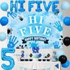 Hi Five Birthday Party Decorations Boy, Blue 5th Birthday Decorations Backdrop Cake Cupcake Topper Blue Black Balloon Number 5 High Five Foil Balloon for Boy 5 Year Old Birthday Party