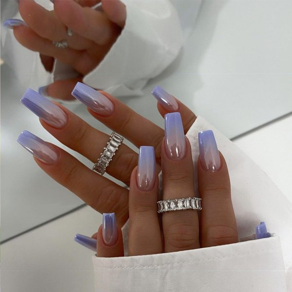 IMSOHOT Medium Press on Nails Coffin Laser Fake Nails Glossy Purple Gradient Glue on Nails Full Cover Chrome Ballerina Acrylic False Nails Glue Stick on Nails for Women 24PCS