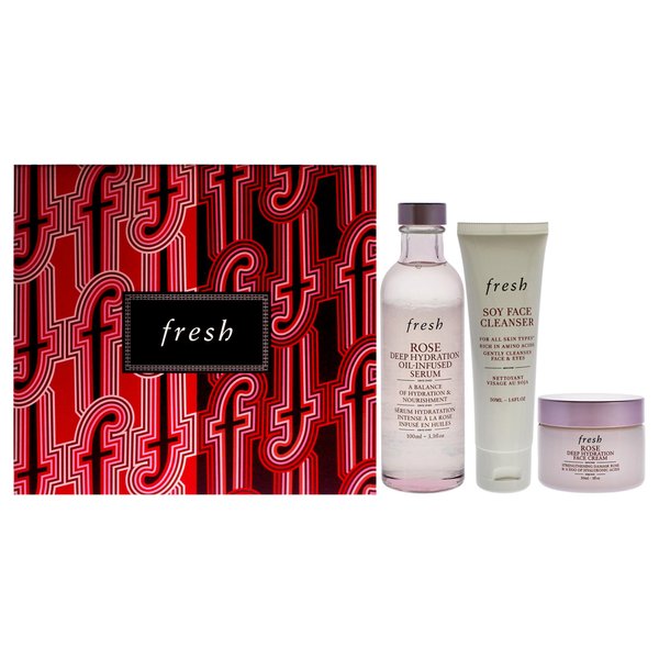 Fresh Three Step Hydration Heroes Kit for Women - 3 Pc 1.6oz Soy Face Cleanser, 3.4oz Rose Deep Hydration Oil Infused Serum, 1oz Rose Deep Hydration Face Cream
