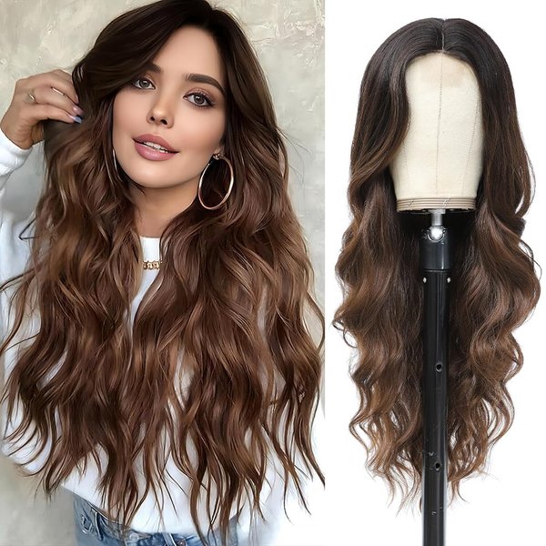 Elfairy Long Brown Wigs for Women Long Wavy Ombre Brown Hair Wig Hair Replacement Curly Wig Synthetic Heat Resistant Hair Wig for Daily Party Use(26'' Ombre Brown)