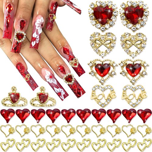 RODAKY 40PCS Red Heart Nail Charms Valentine's Day 3D Heart Shape Nail Art Supplies with Red Rhinestone Nail Gems Rhinestones Jewelry for Women Acrylic Nail Art Design Decoration