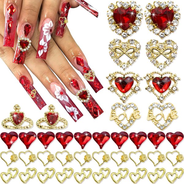 RODAKY 40PCS Red Heart Nail Charms Valentine's Day 3D Heart Shape Nail Art Supplies with Red Rhinestone Nail Gems Rhinestones Jewelry for Women Acrylic Nail Art Design Decoration
