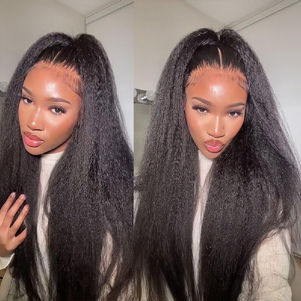 BLY Human Hair Lace Front Glueless Wigs for Women 13x6 Kinky Straight Pre Bleached Knots Yaki Human Hair Wig HD Transparent Lace Pre Plucked 180% Density Natural Black Color 20 Inch
