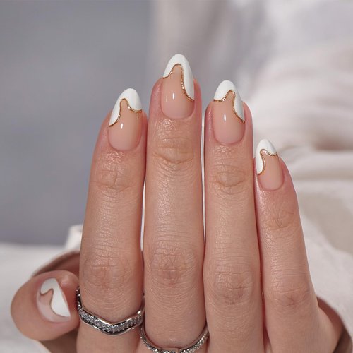 BTArtbox Press On Nails Almond - Designed White French Tip Press On Nails Short with Gold Foil, Glue On Nails for Summer Day Gifts, Natural Stick On Nails in 16 Sizes - 30 Nail Kit, Tiny Gloden