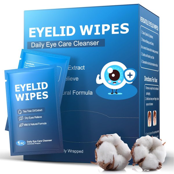 60PCs Eyelid & Lash Wipes with Hyaluronic Acid, Tea Tree Oil Eyelid Cleaser For Blepharitis, Itchy & Stye Eyes, Pre-Moistened Eyelid Wipes for Dry Eyes Relief, Daily Eye Cleanser for Sensitive Eyes
