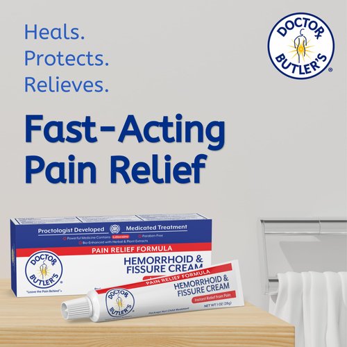Doctor Butler's Hemorrhoid & Fissure Cream – Instant Pain Relief Hemorrhoid Treatment with Lidocaine, Fast Acting Hemorrhoid Cream for Relief from External Itching and Burning (1 oz.)