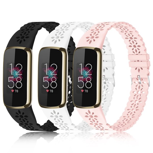 3 Pack Slim Sport Bands Compatible with Fitbit Luxe Band for Women, Soft Silicone Lace Thin Hollow-Out Replacement Wristbands Breathable Bands for Fitbit Luxe Fitness Smart Watch