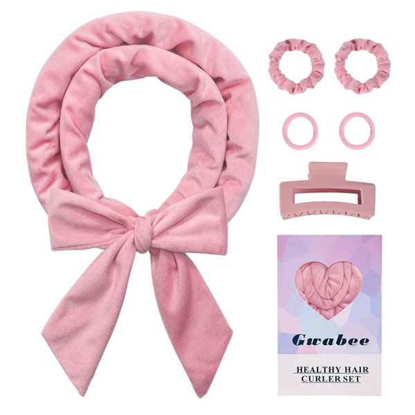Gwabee Hair Curlers No Heat Curling Rod Headband, 70" Long Soft Hair Curler to Sleep In Overnight Curls, No Heat Curl Headband Ribbon Wrap for Women Long Hair, 6 PCS Hair Rollers Curling Set -Pink