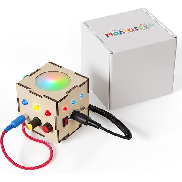 Montessori Busy Board Fidget Cube for Toddlers {Improved 2023 Version} Wooden Sensory Activity Cube Toys for Toddlers LED Light Up Buttons Pluggable Wires Baby Gifts Educational Learning Fidget Toy