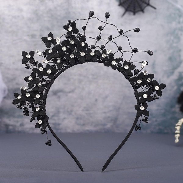 Yean Black Flower Headband Crystal Gothic Spider Web Headpiece Rhinestone Head Pieces Pearl Bride Wedding Hair Accessories for Women and Girls