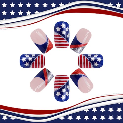 24Pcs 4th of July Press on Nails with Fourth of July Design, Independence Day Manicure Art Acrylic Short Square Fake Nails Stick on Nails Glossy Sparkly French False Nails Gel Glue on Nail for Women
