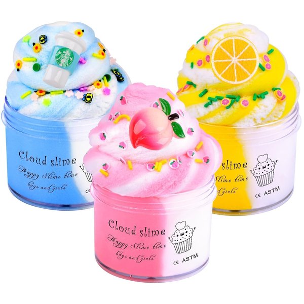 3 Pack Cloud Slime Kit, with Pink, Yellow and Blue Cloud Slimes, Bulk Slime, Educational Fidget Slime for Kids, Birthday Gifts Party Favors for Girls Boys