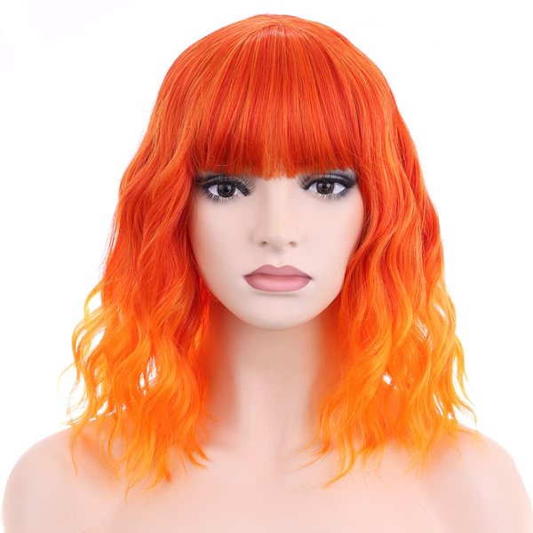 MAGQOO Orange Wig Orange Ombre Flame Fire Wig with Bang Women Girls Short Curly Wavy Neon Orange Hair Wig Synthetic Cosplay Costume Wigs(Orange Ombre)