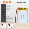 AKZYTUE 3.7V 500mAh 303450 Lipo Battery Rechargeable Lithium Polymer ion Battery Pack with PH2.0mm JST Connector