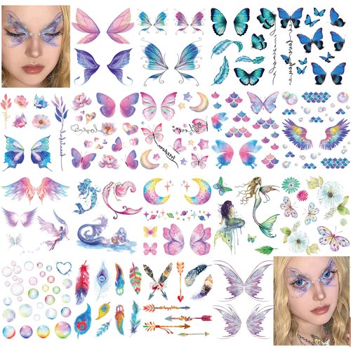 18 Sheets Glitter Temporary Tattoos for Women, Rosymormor Fairy Butterfly Butterfly Fake Tattoos for Party Favors, Face Glitter Stickers Makeup Rave Accessories Festival Essentials Halloween Christmas