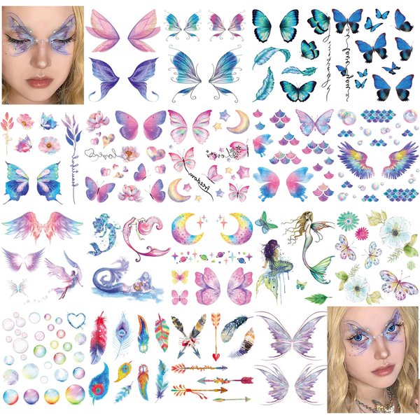 18 Sheets Glitter Temporary Tattoos for Women, Rosymormor Fairy Butterfly Butterfly Fake Tattoos for Party Favors, Face Glitter Stickers Makeup Rave Accessories Festival Essentials Halloween Christmas