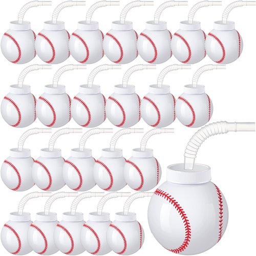 Baseball Ball Shape Cups Bulk with Straws and Lids, 10oz Plastic Reusable Baseball Party Cups Ball Shape Cups Party Favors for Kids Birthday Competition Sport Fans Player Theme Party Supplies (24 Pcs)