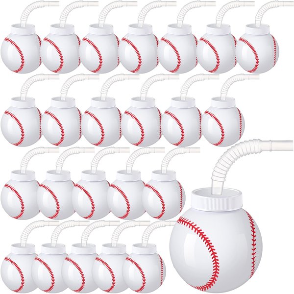 Baseball Ball Shape Cups Bulk with Straws and Lids, 10oz Plastic Reusable Baseball Party Cups Ball Shape Cups Party Favors for Kids Birthday Competition Sport Fans Player Theme Party Supplies (24 Pcs)