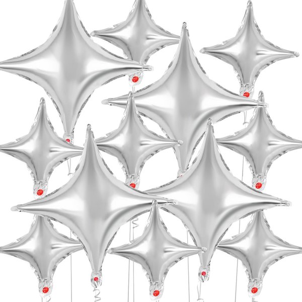 12 Pcs Four Angle Star Balloons,26 Inch and 10 Inch Silver Star Foil Balloons,Quadrangle Balloon Mylar Balloons Helium Balloons for Birthday Party Anniversary Wedding Baby Shower Decorations (Silver)