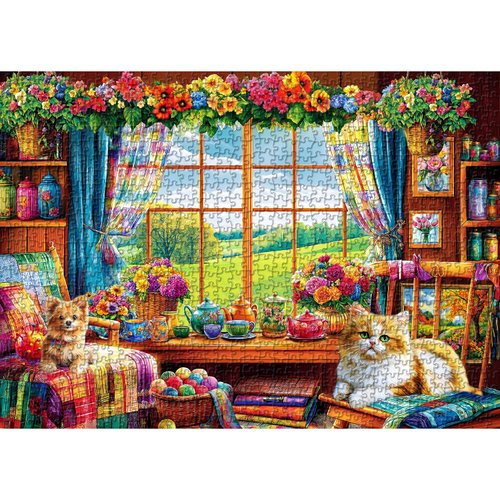 Flower Garden Puzzle for Adults 1000 Pieces, PICKFORU Nature Puzzle Features Flowers Teacups, Quilt, Dog Cat Puzzle, Spring Plant Floral Puzzle Challenging