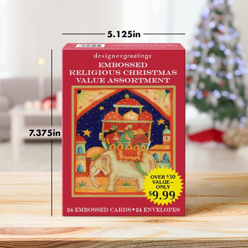 Designer Greetings Embossed Religious Christmas Value Card Assortment (24 Greeting Cards with 24 Envelopes; 8 Designs with KJV Scripture, 3 Each), Assorted