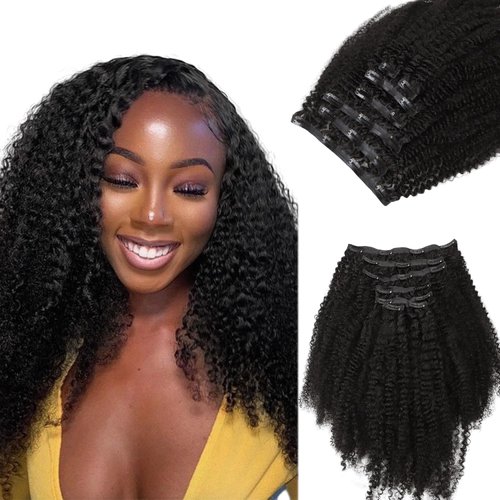 Lashey Clip in Hair Extensions Real Human Hair 16 Inch 110g 7pcs Afro Kinky-Curly Human Hair Clip Ins 4c Natural Black Hair