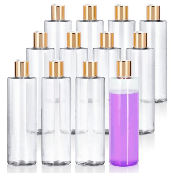 JUVITUS 16 oz / 500 ml Clear Professional Cylinder PET Plastic Bottles (BPA Free) with Gold Disc Cap Lid (12 pack)