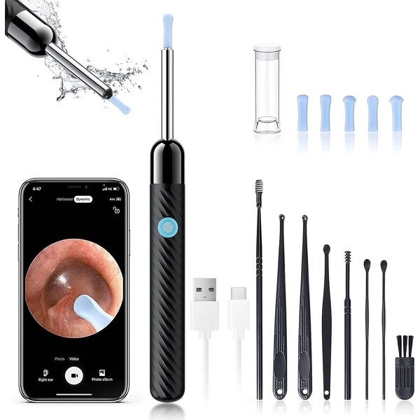 Ear Wax Removal - Earwax Remover Tool with 8 Pcs Ear Set - Ear Cleaner with Camera - Earwax Removal Kit with Light - Ear Camera with 6 Ear Spoon - Ear Cleaner for iOS & Android (Black)