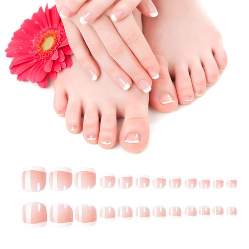 LIARTY 140pcs French Tip Toenails, Short Square False Toe nails Glossy, Press on Toe Nails 14 Different Size Full Cover, Nail Tips for Women Girls Foot Pedicure