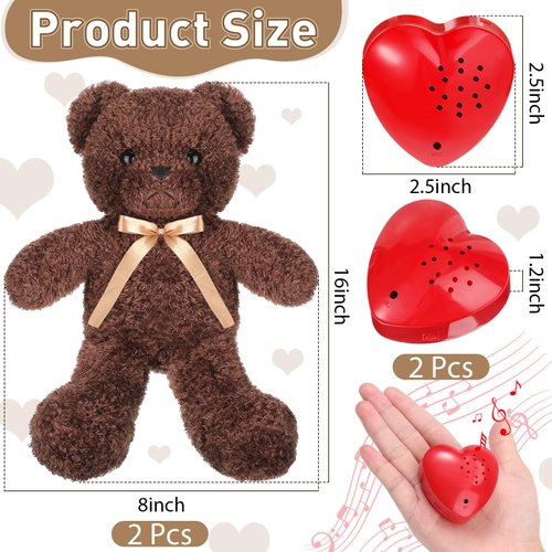 2 Pcs Bear Stuffed Animals with Voice Recorder Set, 60 Seconds Voice Sound Recorder Module 16 Inch Soft Plush Bear Cute Stuffed Bear with Zipper Sound Box Recordable Heart for Boys Girls (Light Brown)