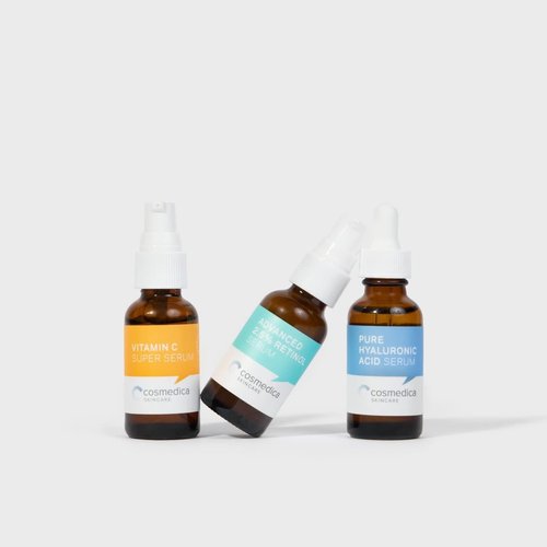Cosmedica Skincare Facial Serum Trio Set Value for Clear Skin - Vitamin C Super Serum, 2.5% Retinol Serum, Pure Hyaluronic Acid Serum – Vegan, Cruelty-Free Skincare