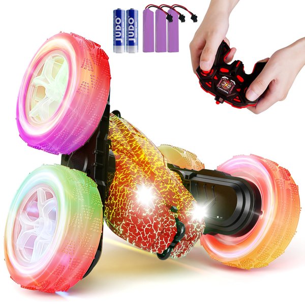 28℃ Remote Control Car, Double Sided 360° Flips Stunt RC Cars with LED, Offroad Remote Control Monster Trucks 4WD 2.4Ghz Rock Crawler with Headlights, Gift for Kids Boys Girls 6 Year Old (Red)