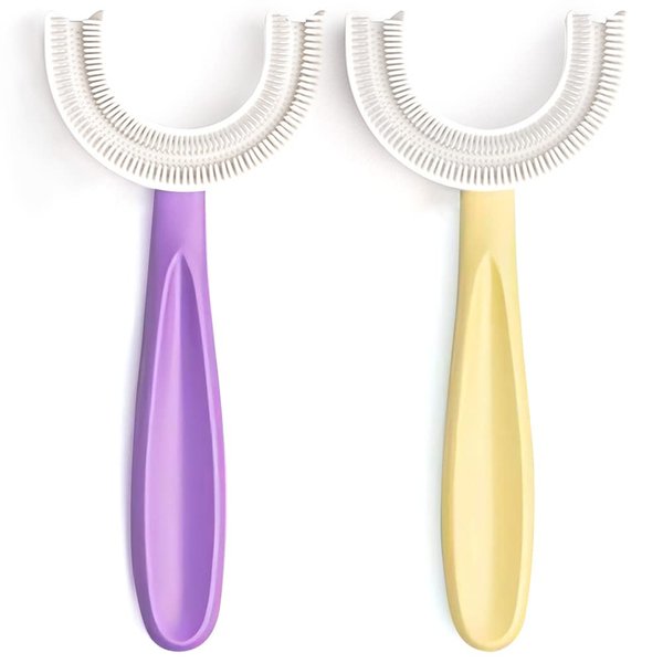 YOTEE U-Shaped Toothbrush Kids 2 PCS - Toddler Toothbrush with Food Grade Soft Silicone Brush Head, Manual Whole Mouth Toothbrush for Kids Age 6-12(Purple+Yellow), 360°Oral Teeth Cleaning