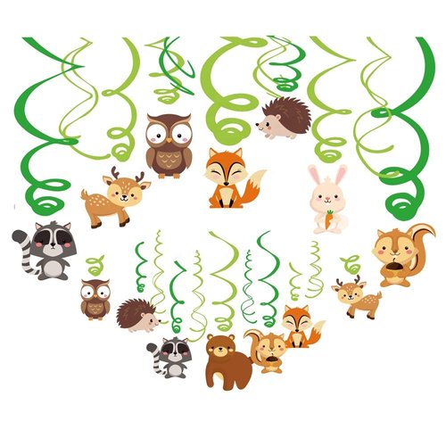 Kristin Paradise 30Ct Woodland Animals Hanging Swirl Decorations, Forest Friends Birthday Party Supplies for Boy Girl Kids, Woodland Creatures Baby Shower Theme Decor, 1st First Bday Favors