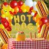 Hot Dog Balloon Garland Arch Kit, Fast Food Snacks Picnic Burger BBQ Decorations with Banner, Picnic Tablecloth, Foil Balloons and Latex Balloons in Red Orange Yellow White for Kids Baby Shower