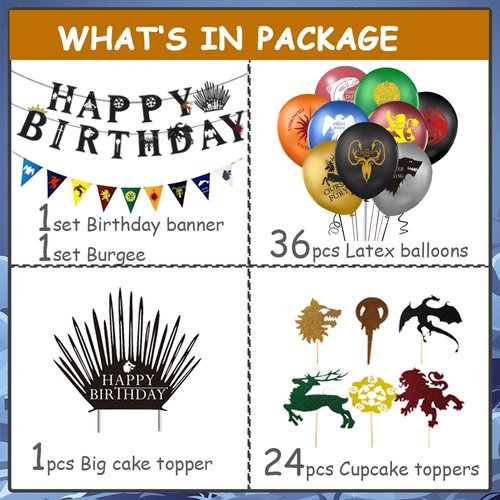 Games of Thronees Birthday Banner, GOT Banner, Cake and Cupcake Toppers, GOT Balloons for GOT Birthday Party Supplies Decorations, 63PCS IN ALL