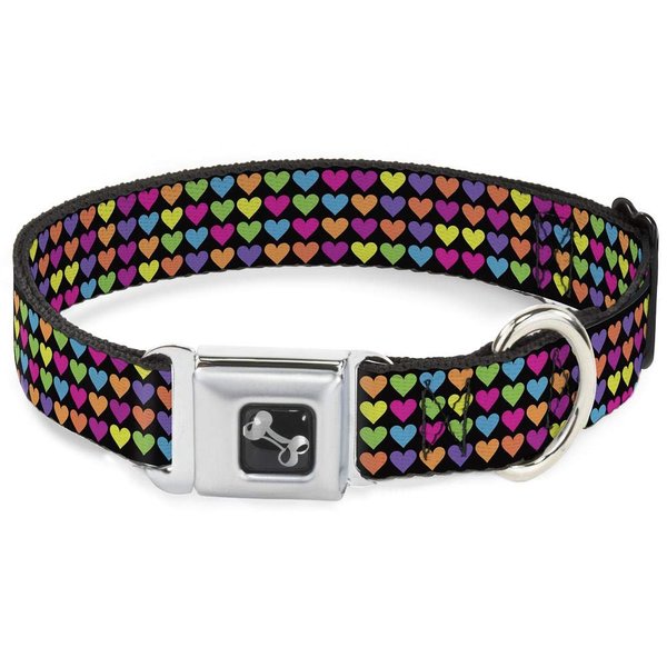 Buckle-Down Seatbelt Buckle Dog Collar - Mini Hearts Black/Multi Neon - 1" Wide - Fits 11-17" Neck - Medium