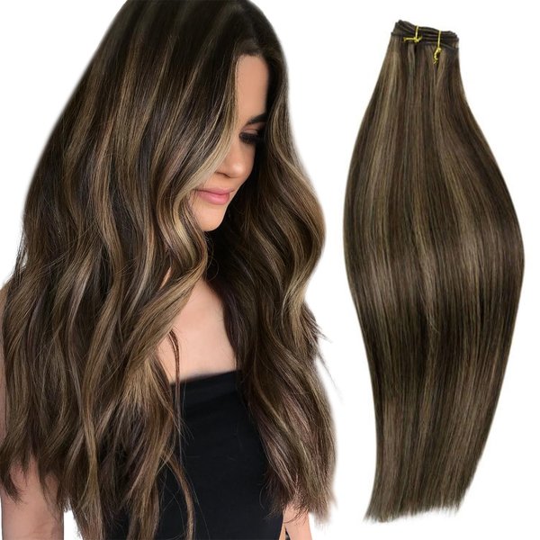 RUNATURE Brown Sew in Hair Extensions Real Human Hair 22 Inch 100g Remy Hair Weft Extensions Dark Brown Mix Ash Brown Brazilian Straight Weft Hair Extensions Full Head Natural Hair Sew in Extensions
